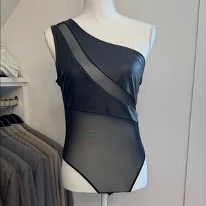Fashion Nova Black One-Shoulder Mesh Bodysuit